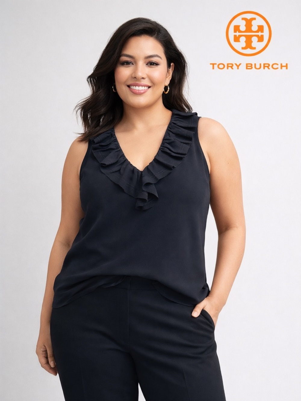 Tory Burch Black Silk Ruffle Neck Sleeveless Blouse